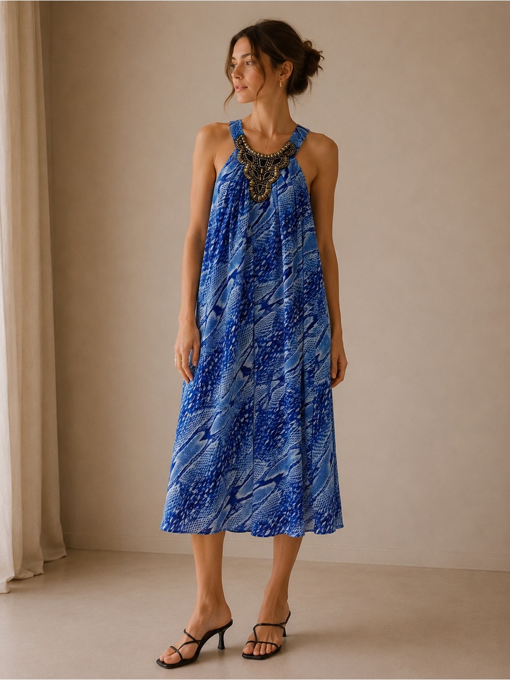 Boston Proper Blue Printed Halter Midi Dress with Beaded Neckline Size 2